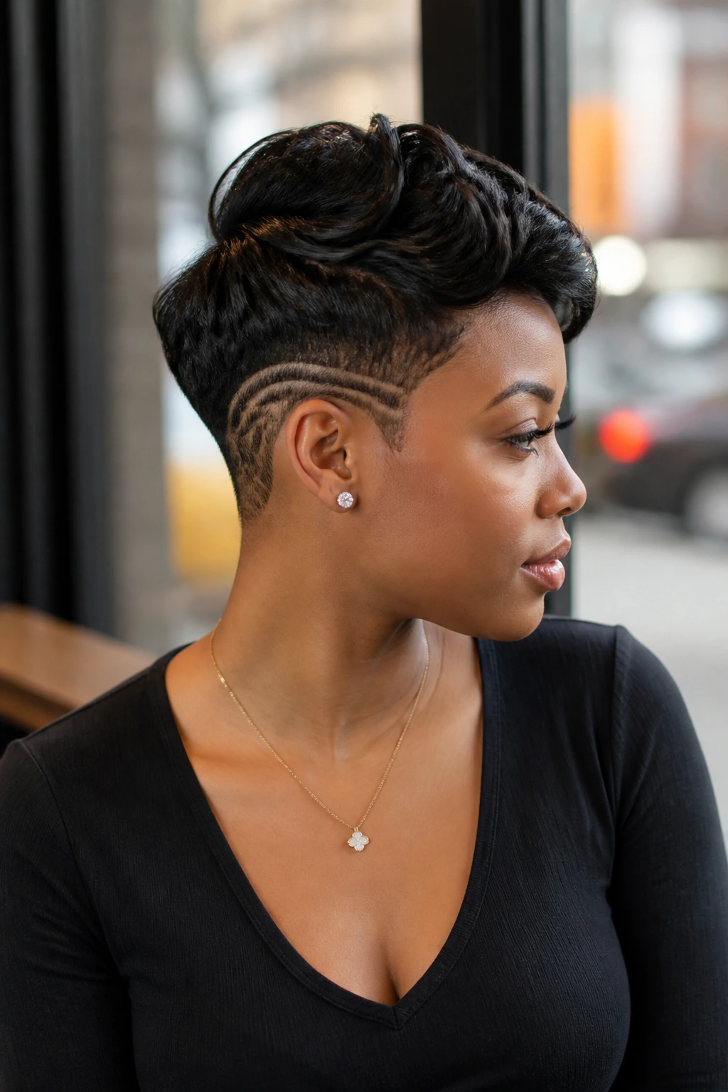 Portrait of a woman with an undercut pixie and hidden design visible on shaved panel.