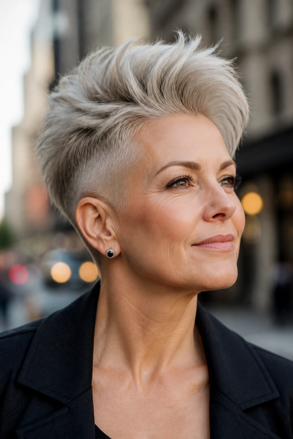 Real woman with undercut pixie and lifted crown.