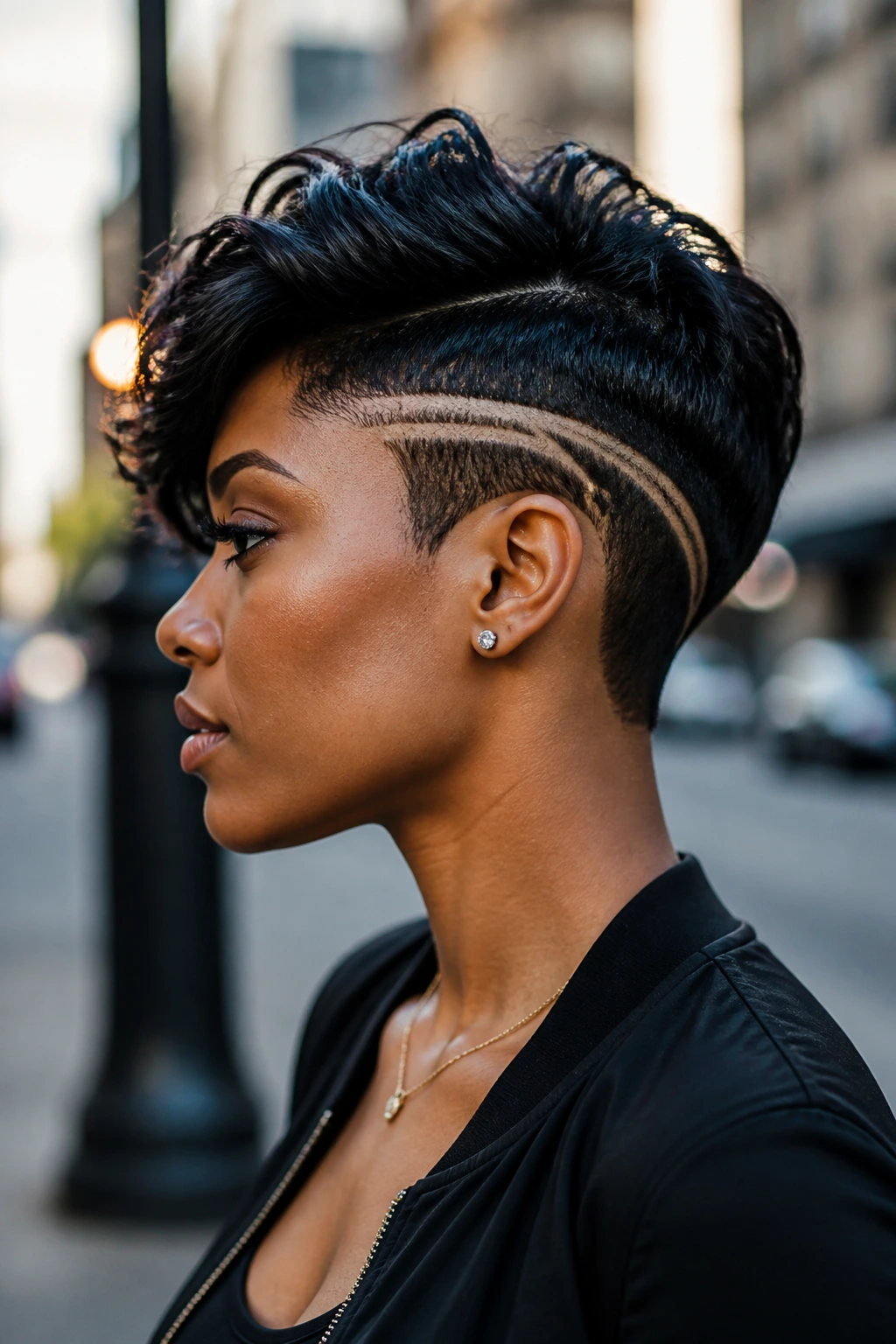 Side-profile portrait of a real woman with bold undercut pixie and linework