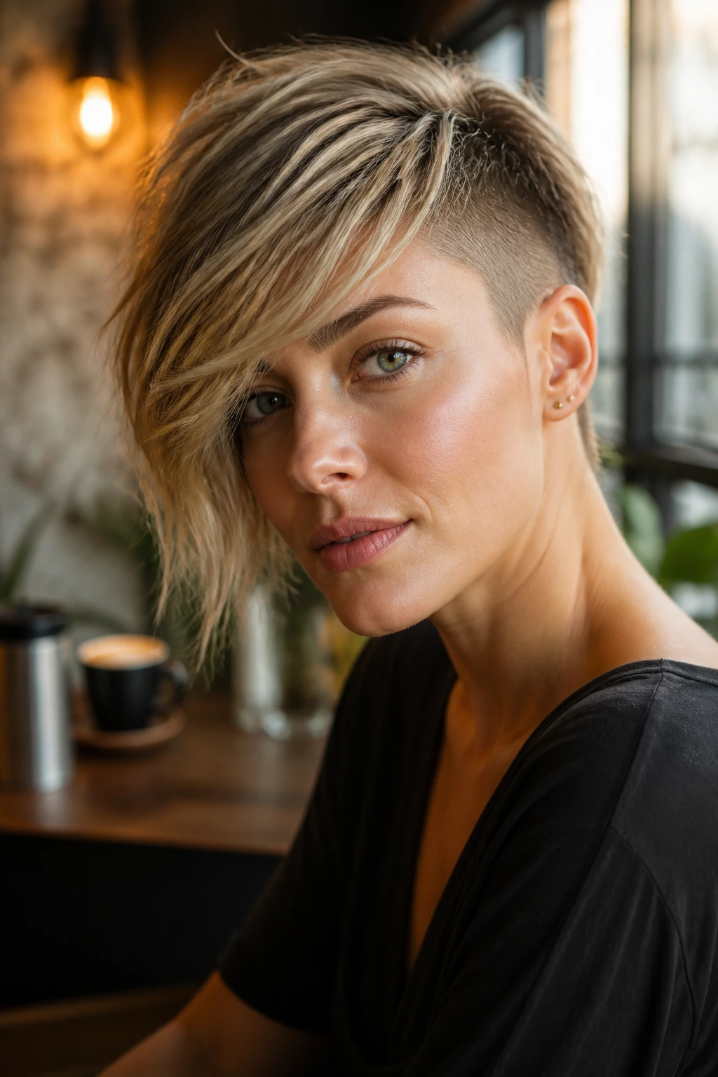 Real woman with pixie undercut and long bangs