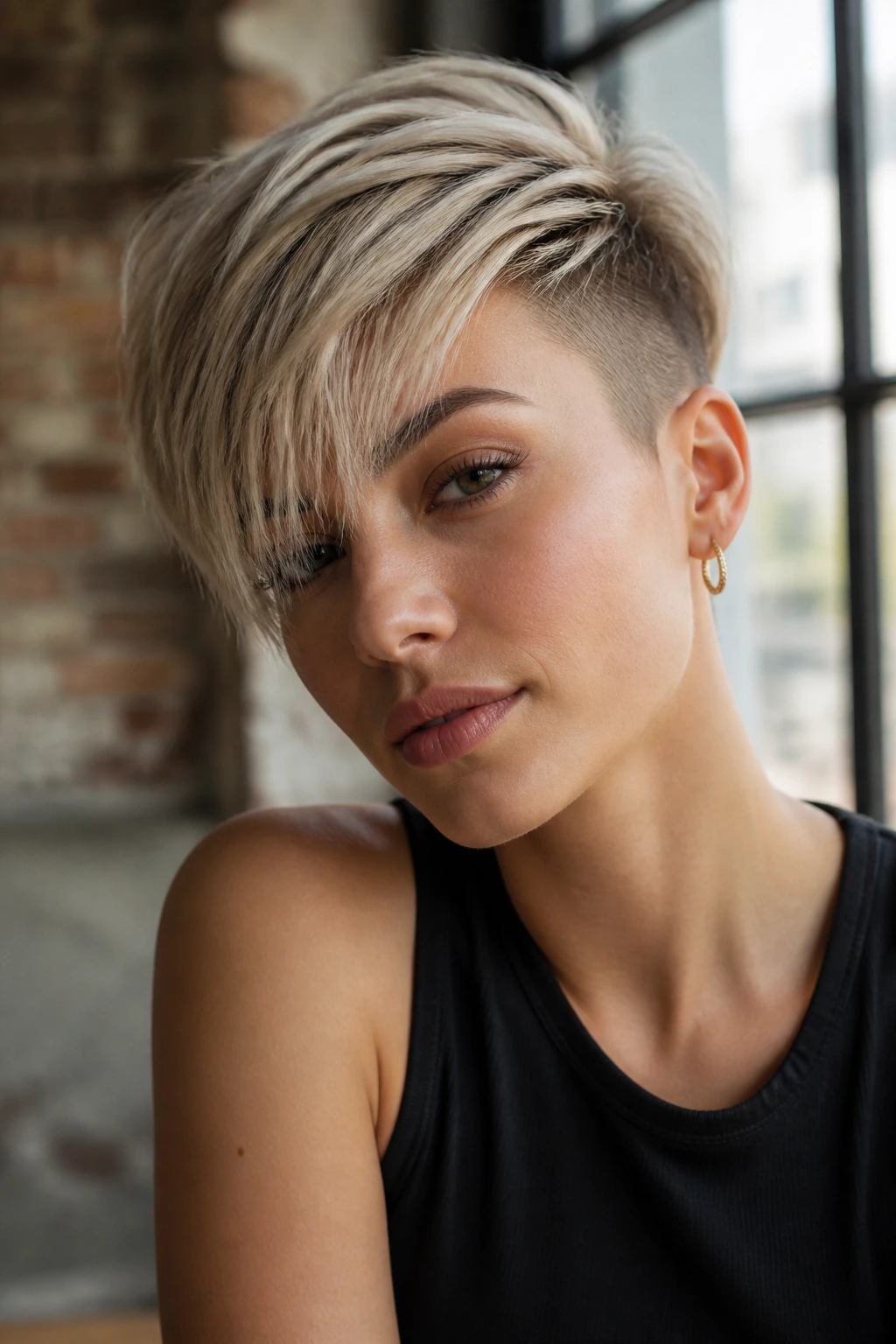 Portrait of a woman with an undercut pixie and long top bangs in a bright interior