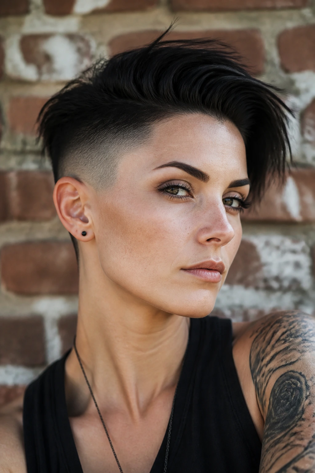 Portrait of person with undercut pixie and long top showing shaved sides and movable top