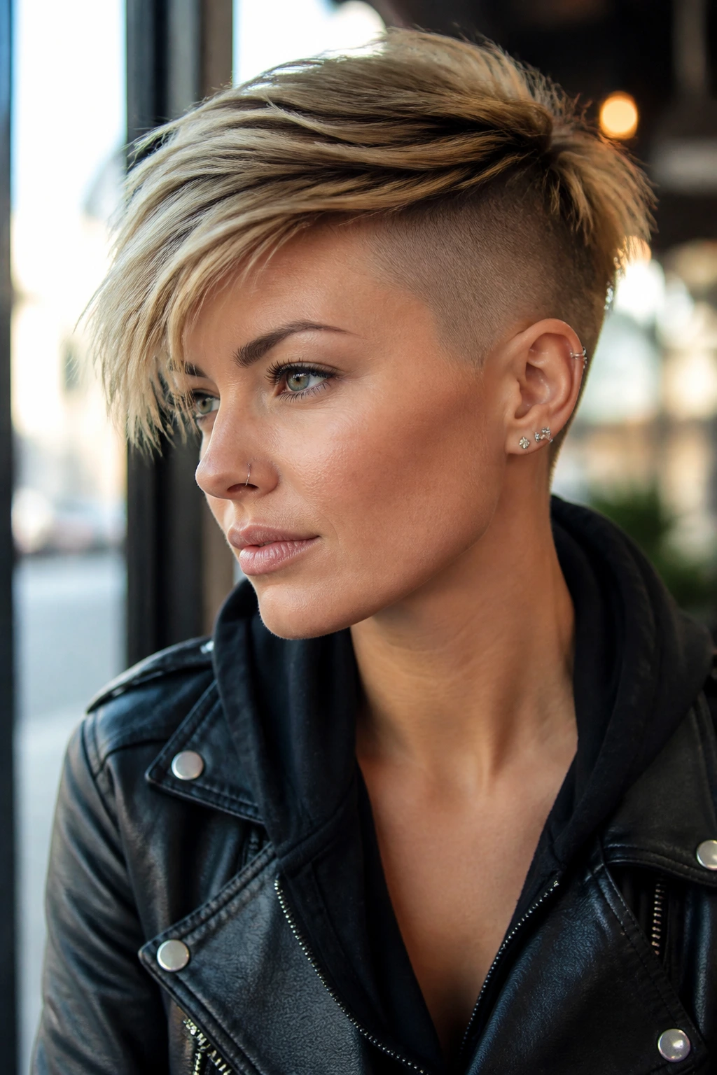 Close-up portrait of a real woman with undercut pixie and long top against a café window light