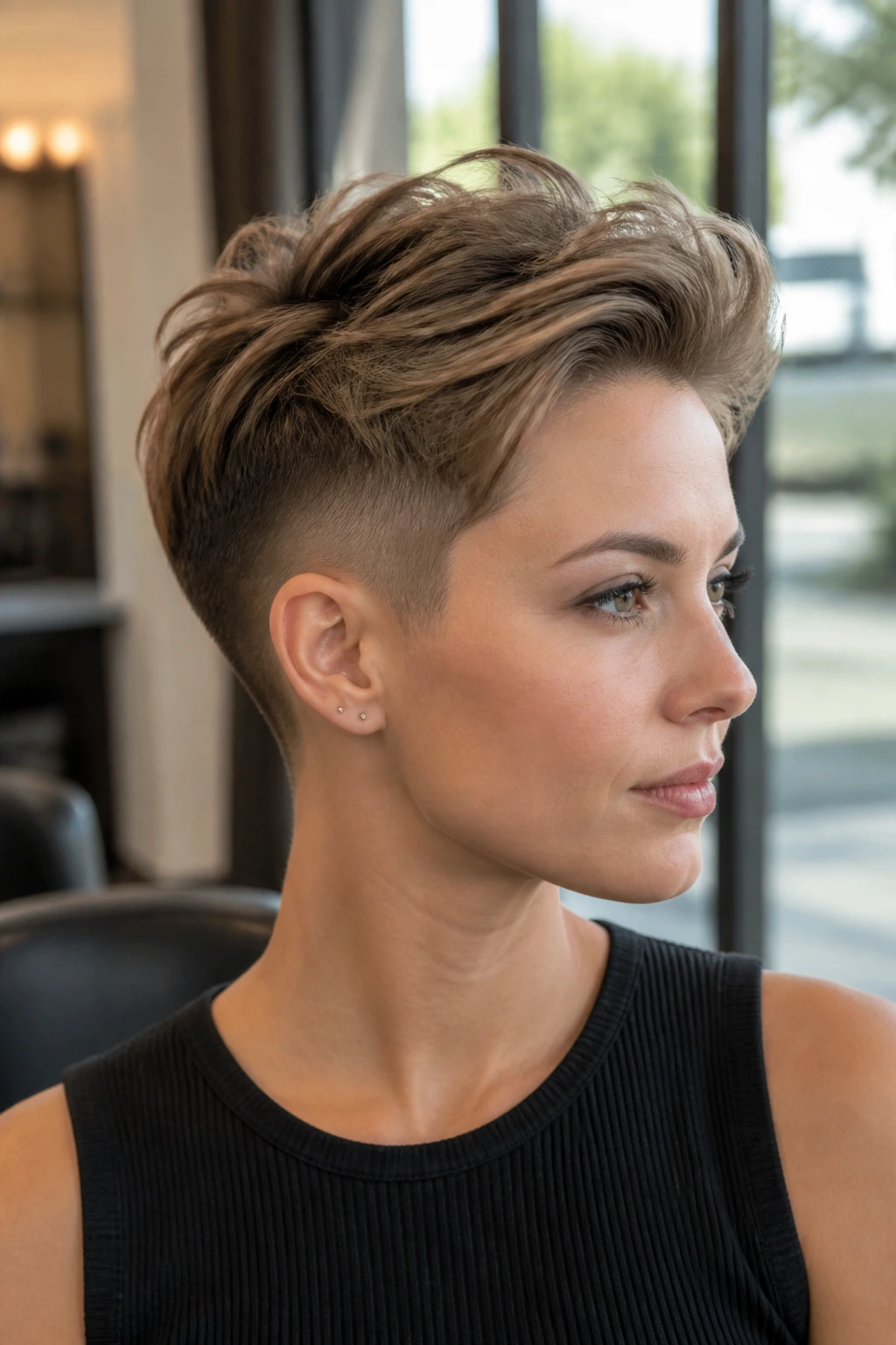 Close-up of a real woman with an undercut pixie and a long top