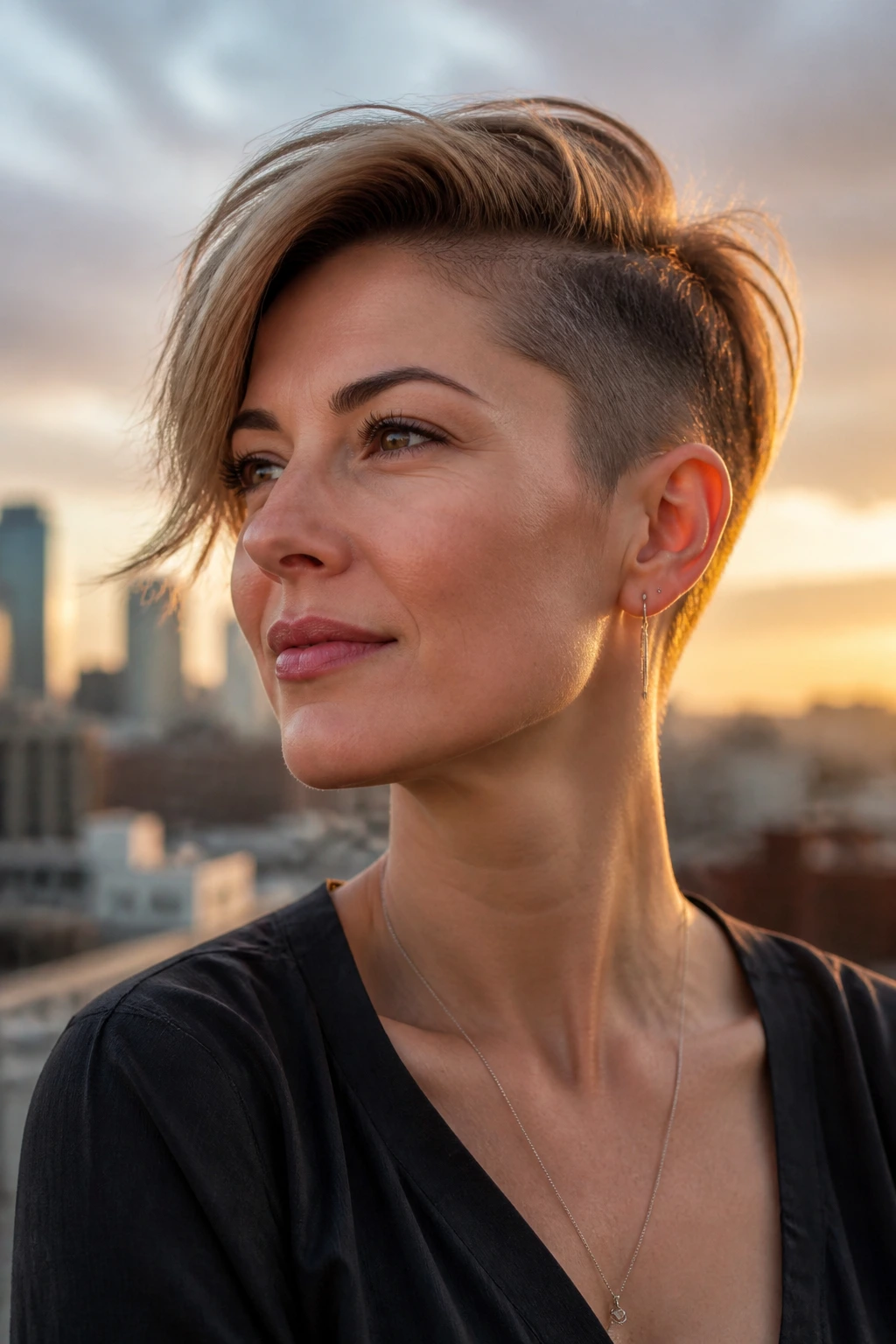 Portrait of woman with long-top undercut pixie showing dramatic contrast