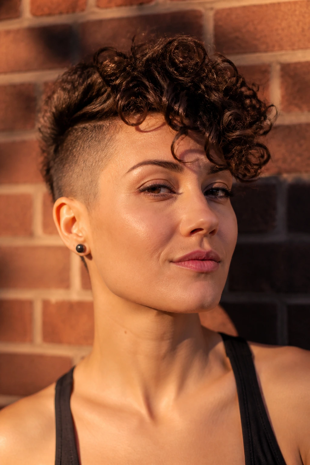Real person with undercut pixie and long top curls against brick wall