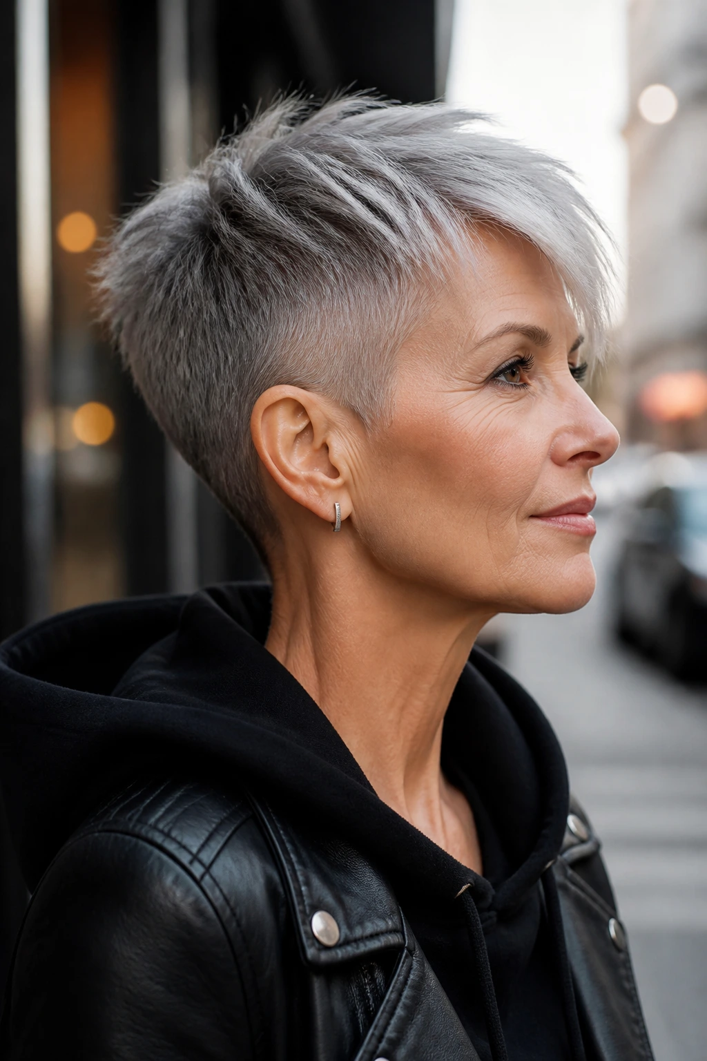 Portrait of a real woman with an Undercut Pixie with a Long Top, bold silver pixie with long top