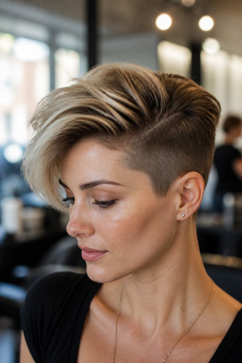 Close-up portrait of a person with an undercut pixie and long top