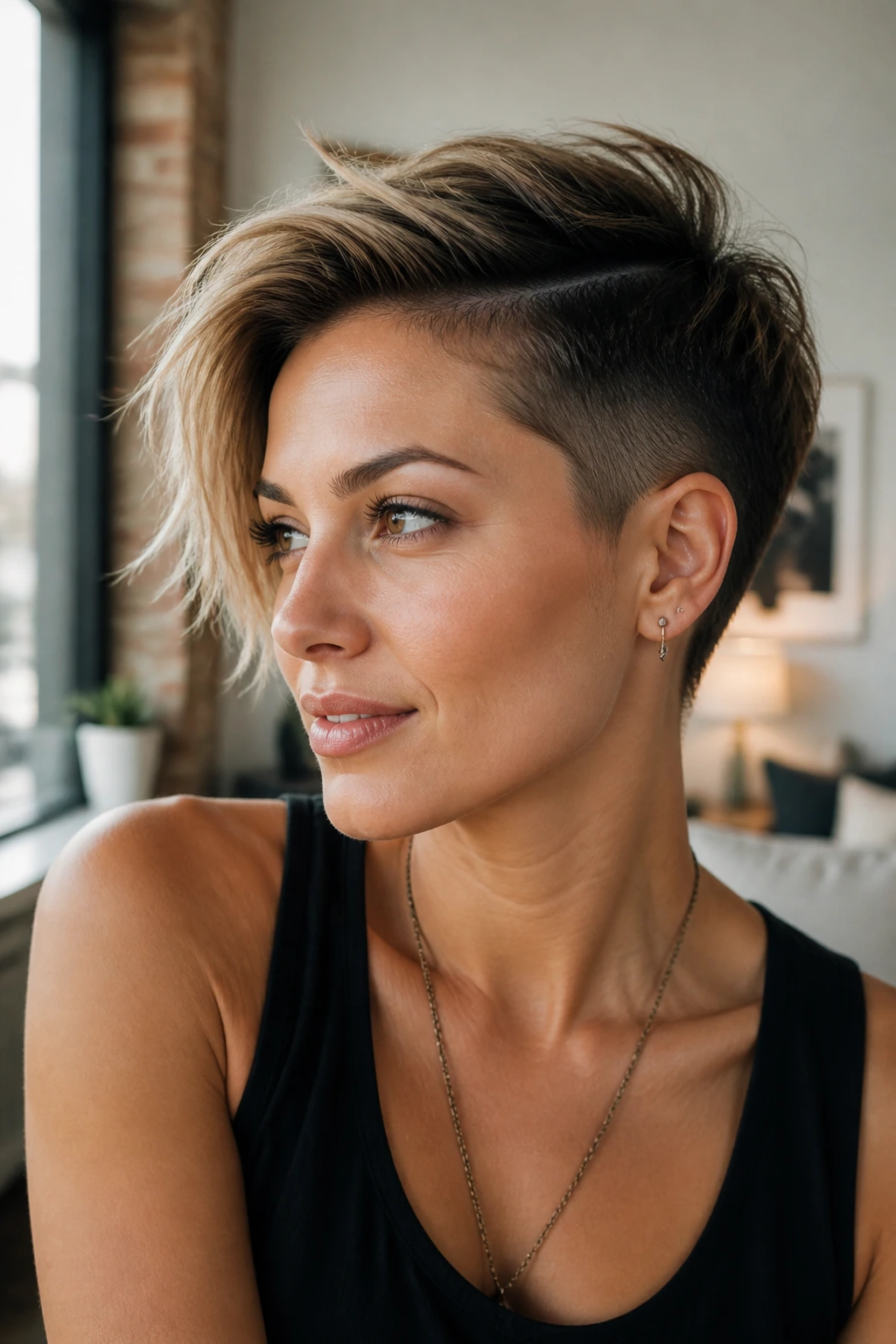Close-up portrait of a real woman with an undercut pixie and long top, warm window light