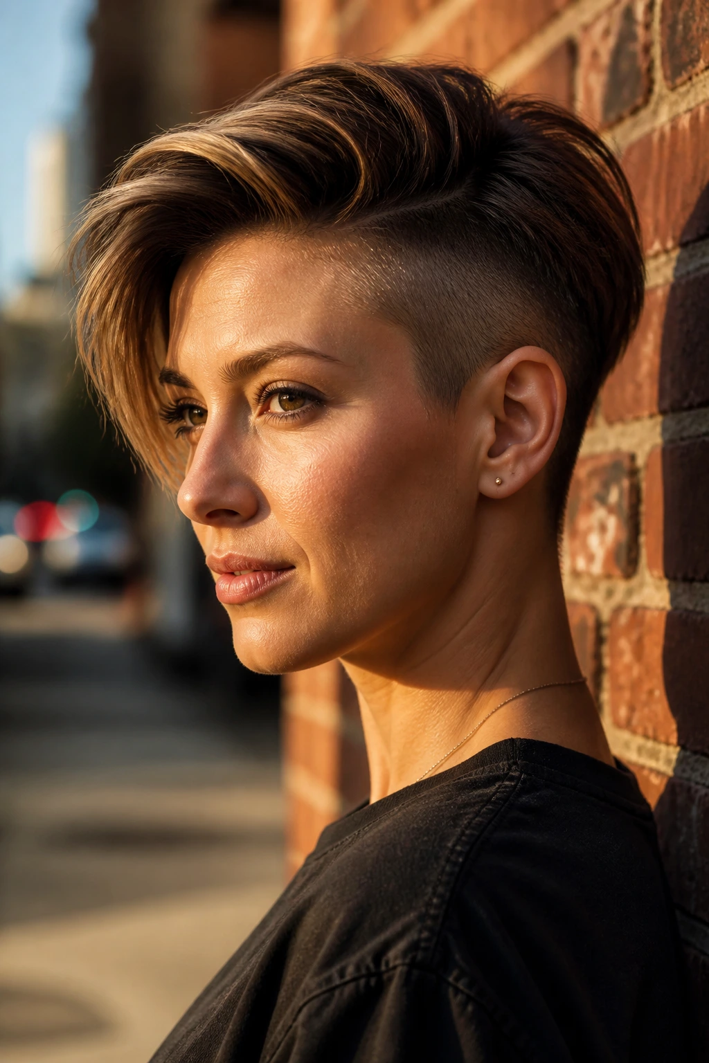 Portrait of a woman with an undercut pixie and longer top on an urban street