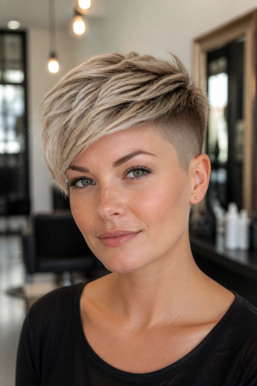 Close-up portrait of a real woman in an undercut pixie with longer top layers sweeping forward