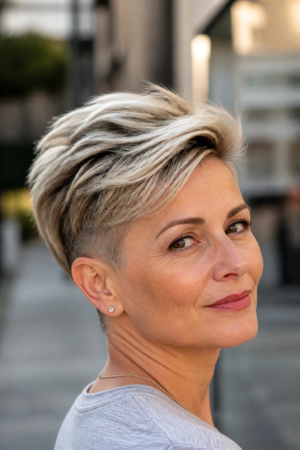 Real woman with undercut pixie and longer top portrait