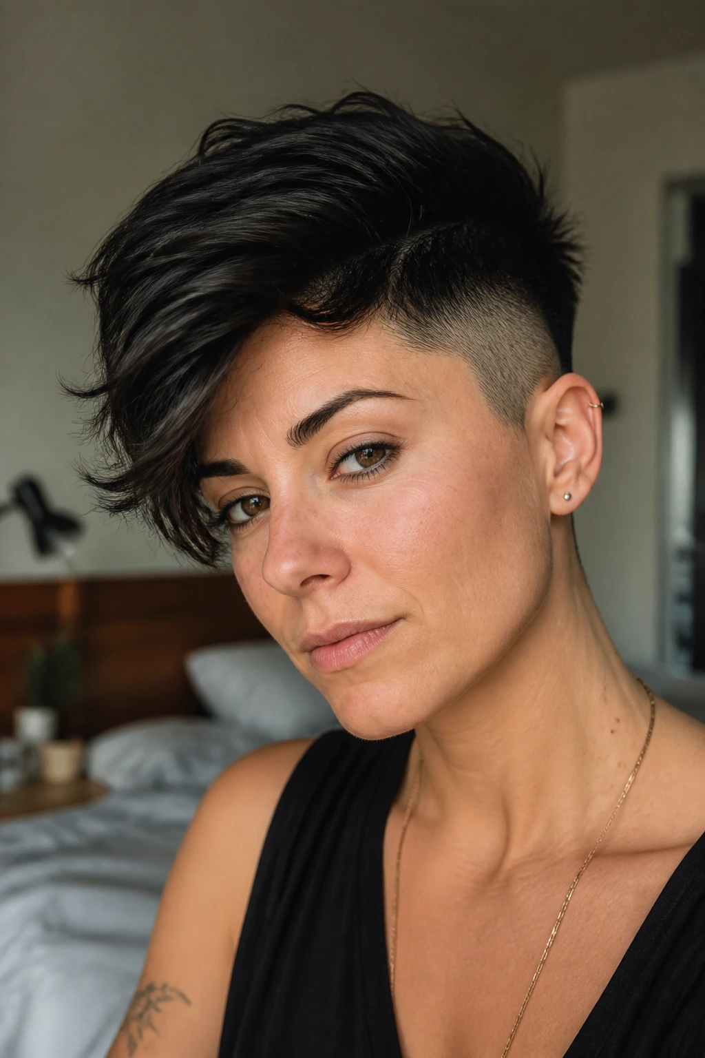 Portrait of a woman with undercut pixie and long top in a lit modern bedroom