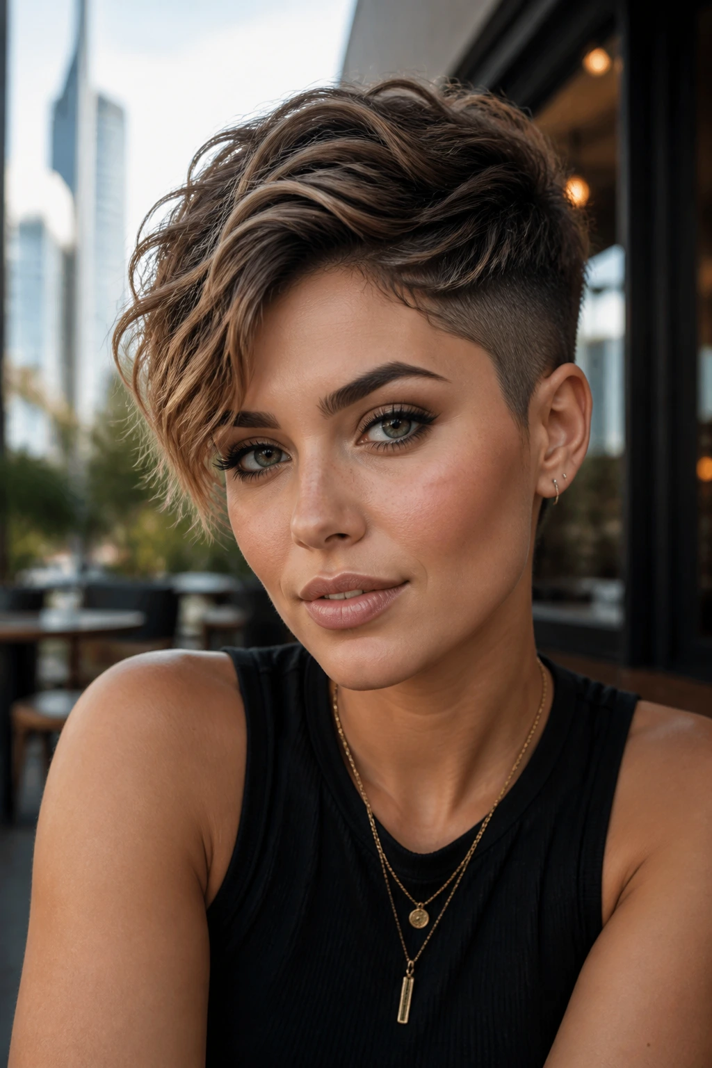 Portrait of a real woman with undercut pixie and loose waves on top