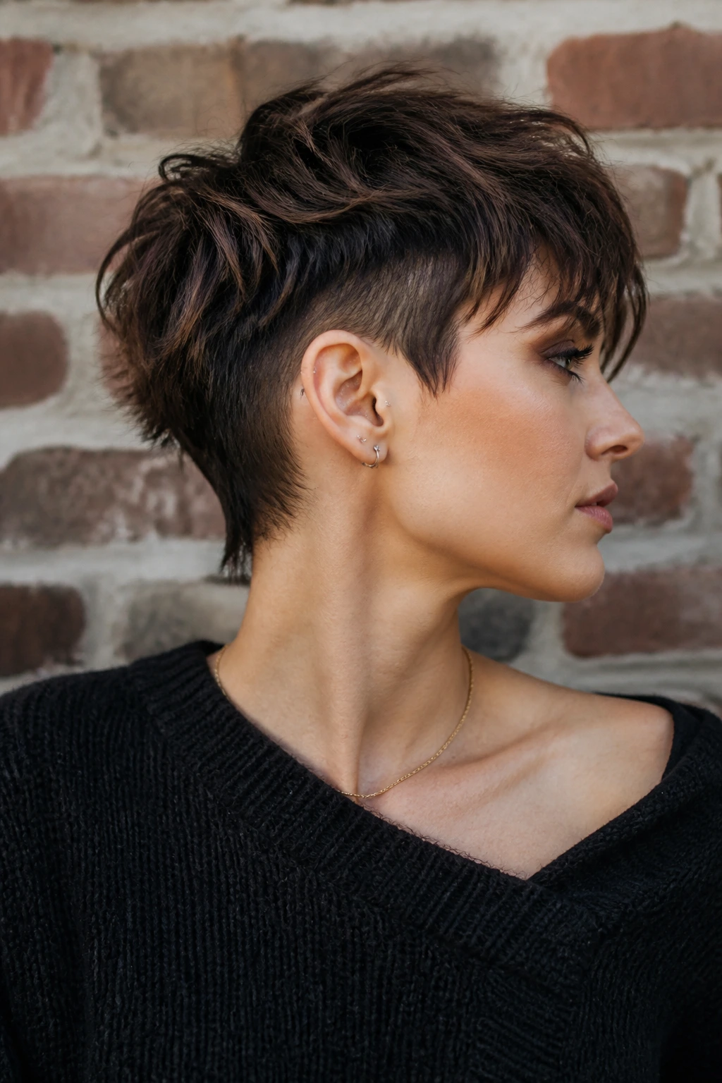 Portrait of a real woman with undercut pixie mullet under natural light