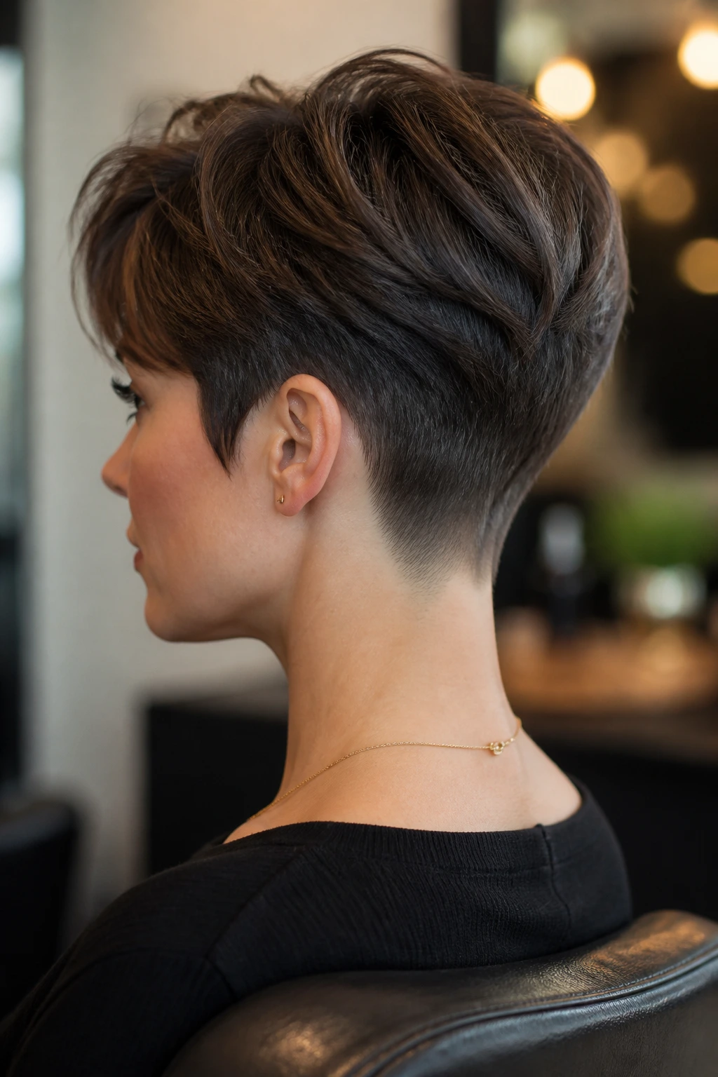 Close-up of a real woman with a hidden undercut pixie showing shaved nape under the top, warm salon lighting.