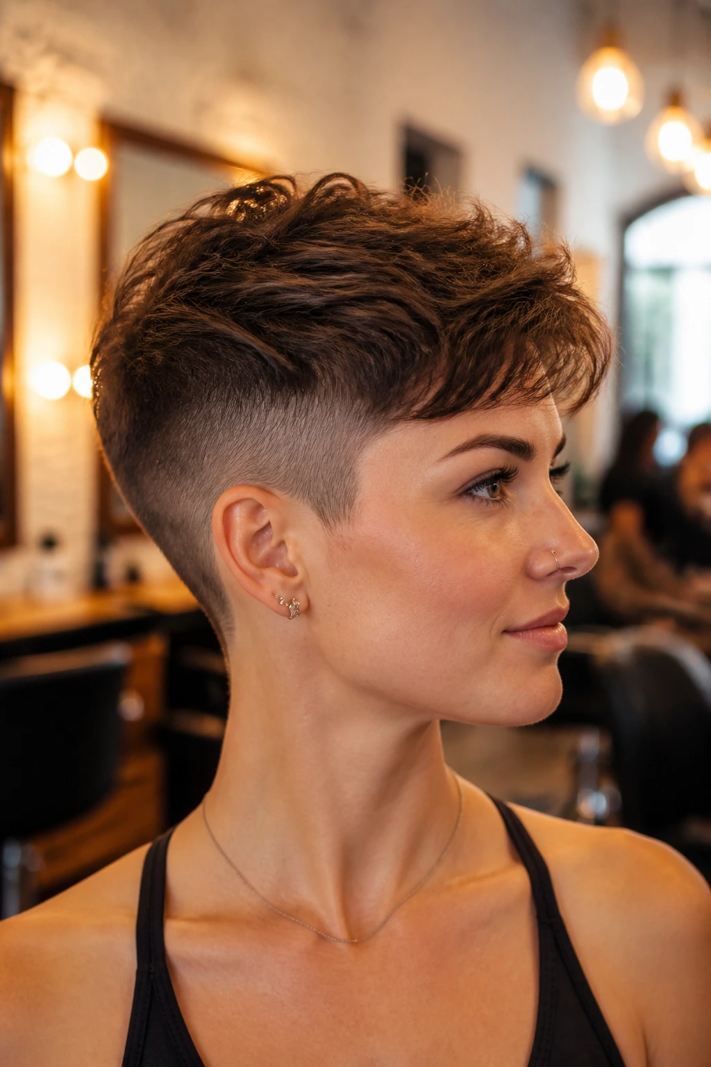 Close-up portrait of a real woman with an undercut pixie and fuller top.