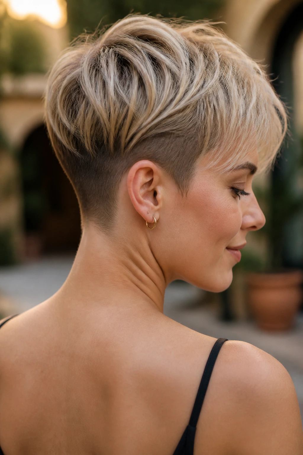 Close-up portrait of a woman with an undercut pixie peeking at the nape in a courtyard