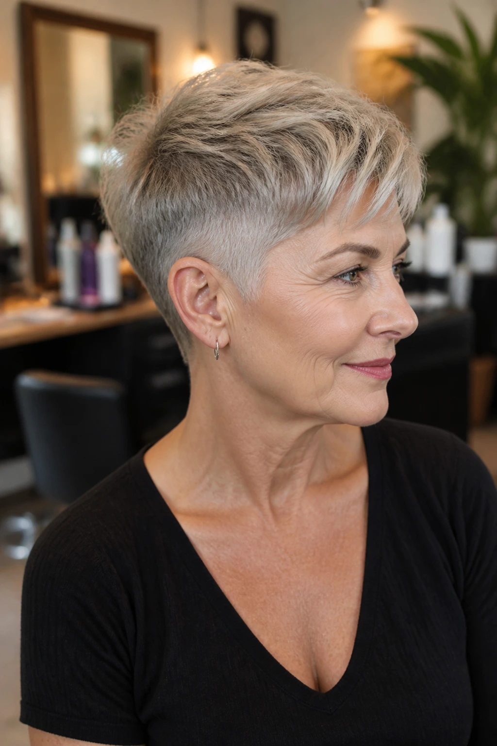 Three-quarter portrait of a real woman with an undercut pixie in a salon