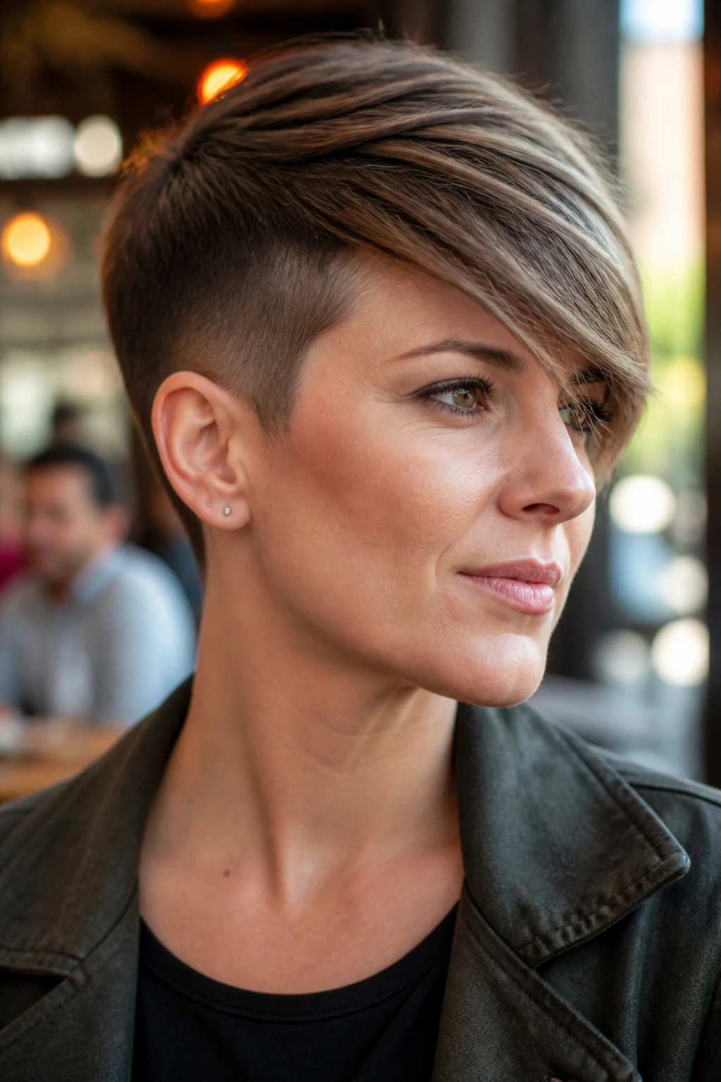 Real woman with undercut pixie and sweeping fringe.