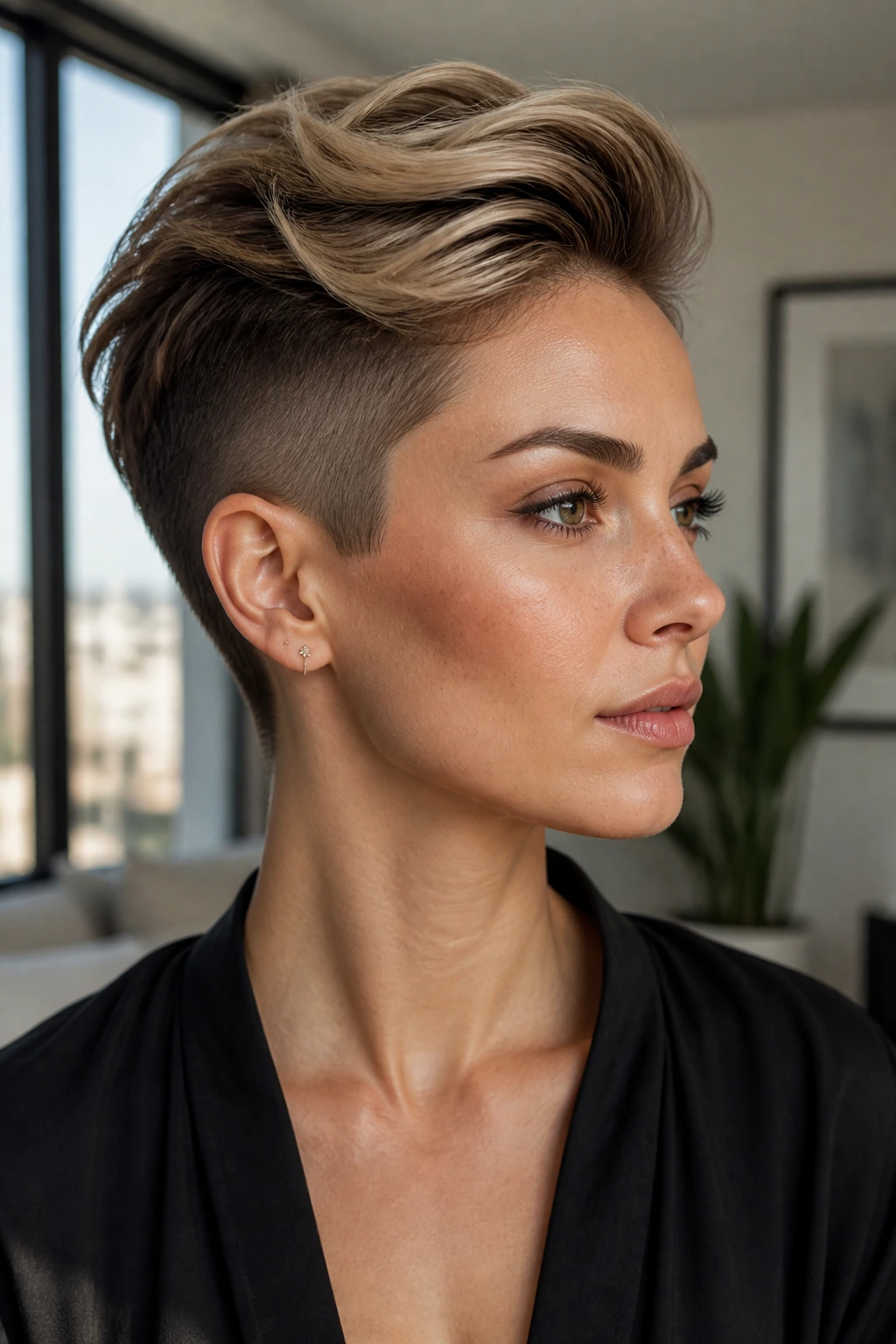 Close-up of a woman with an undercut pixie and longer top