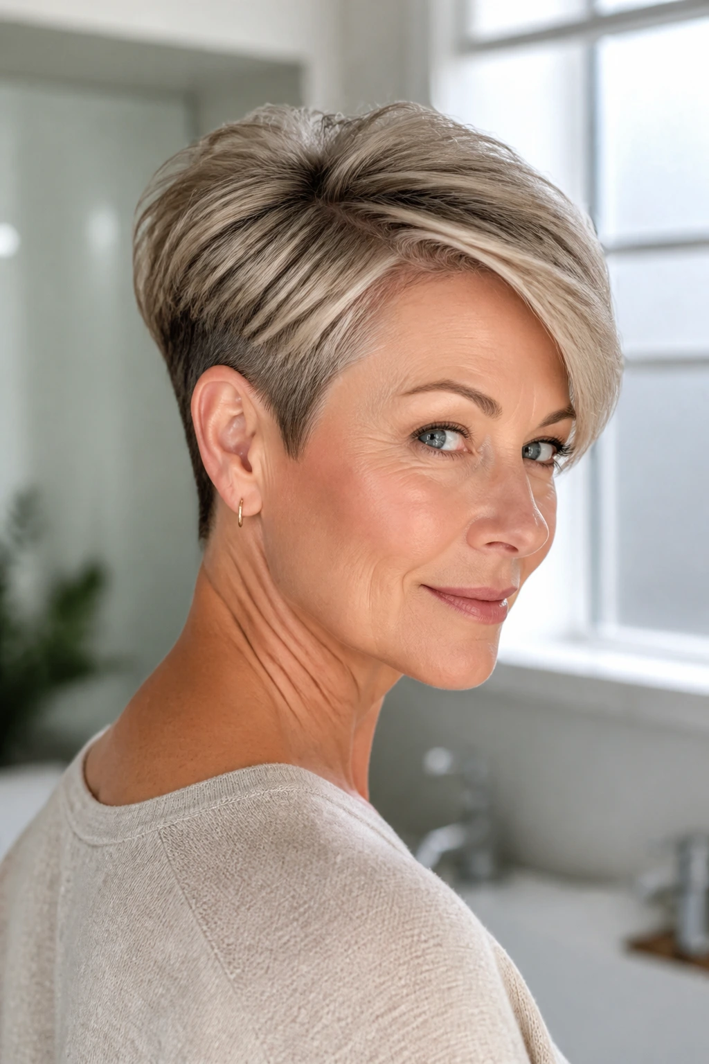 Real woman with hidden undercut pixie; top layers and crown lift.