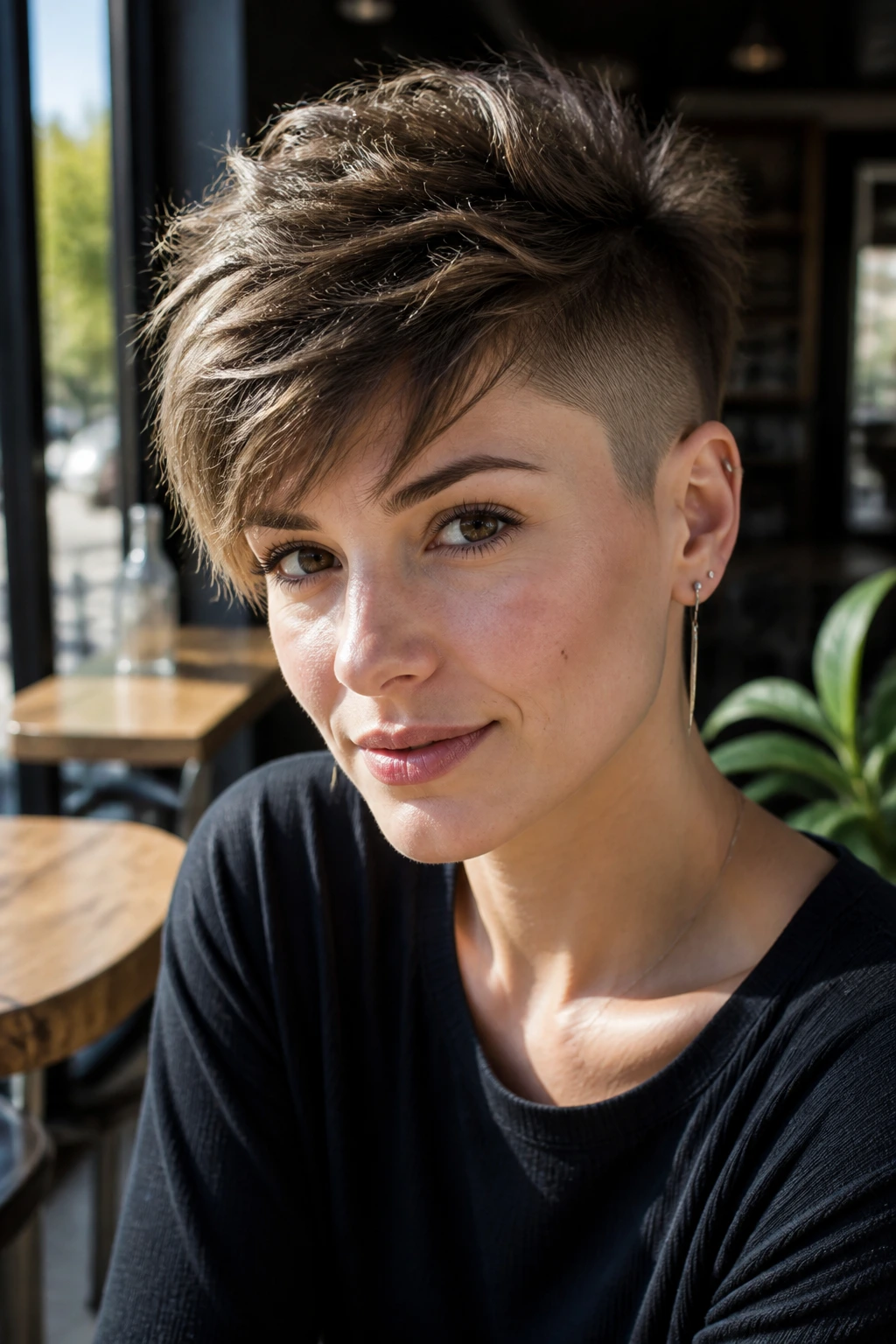 Close-up of a real person with an undercut pixie showing shaved sides and full top in cafe window light