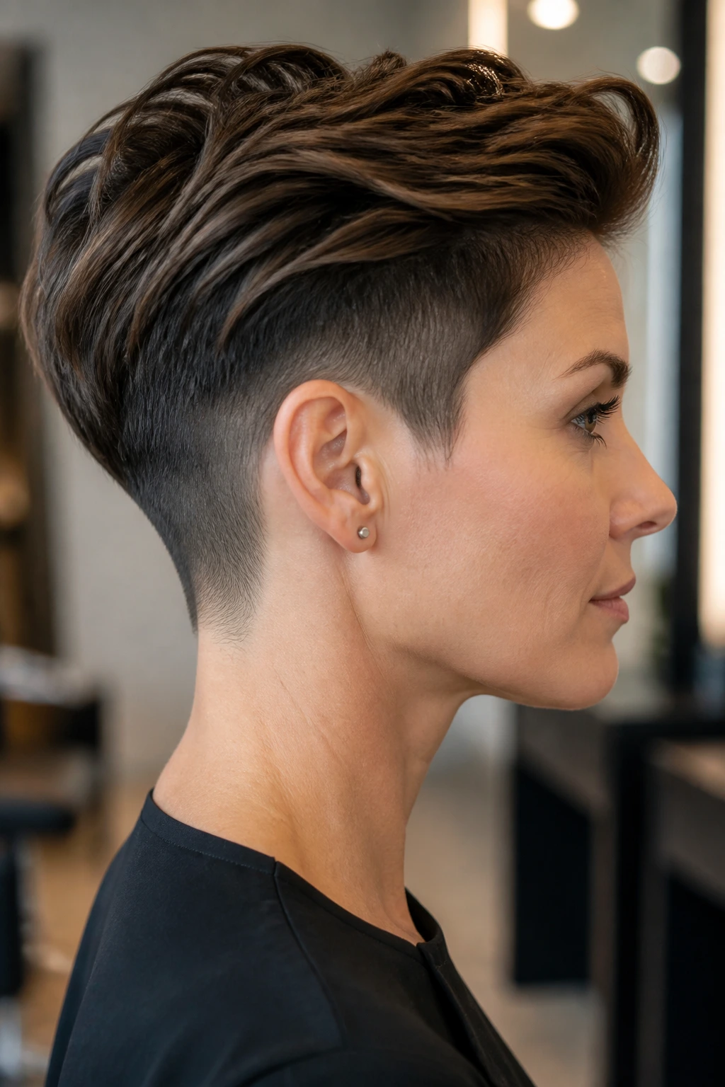 Side-profile of a real person showing how undercut changes a pixie cut with lifted crown