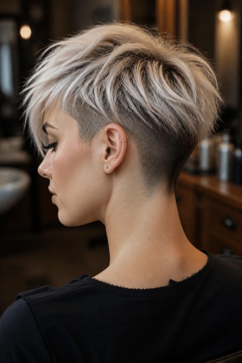 Portrait of real person with undercut rebel pixie showing nape undercut and jagged top