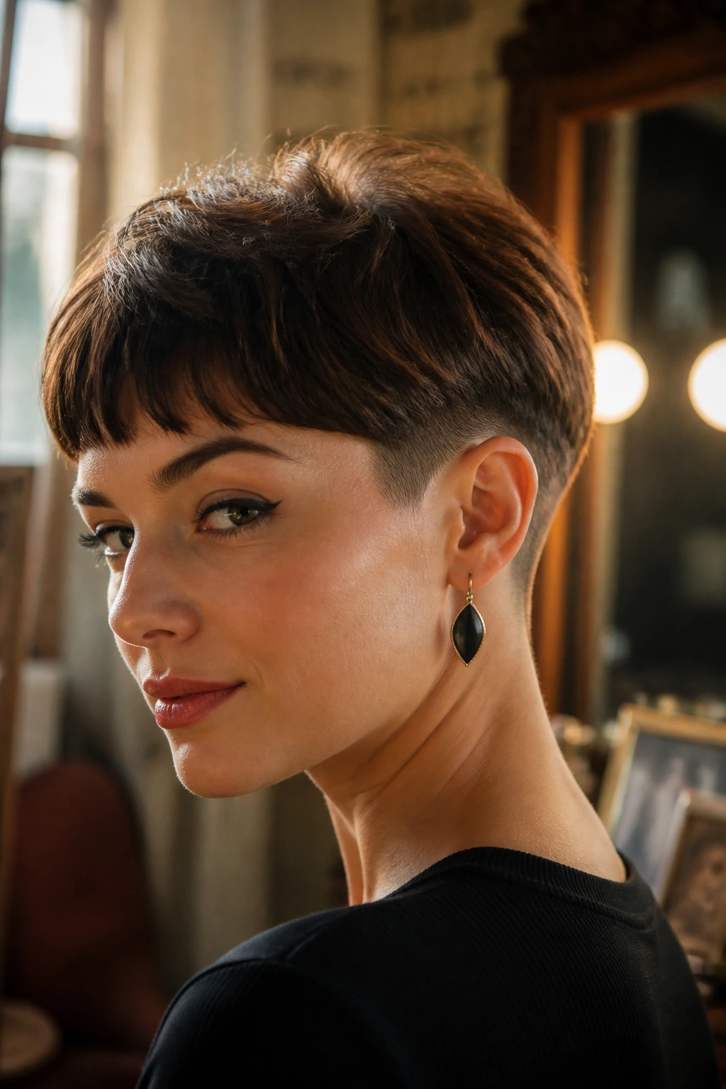 Close-up portrait of a real woman with retro cropped undercut pixie showing nape and crown