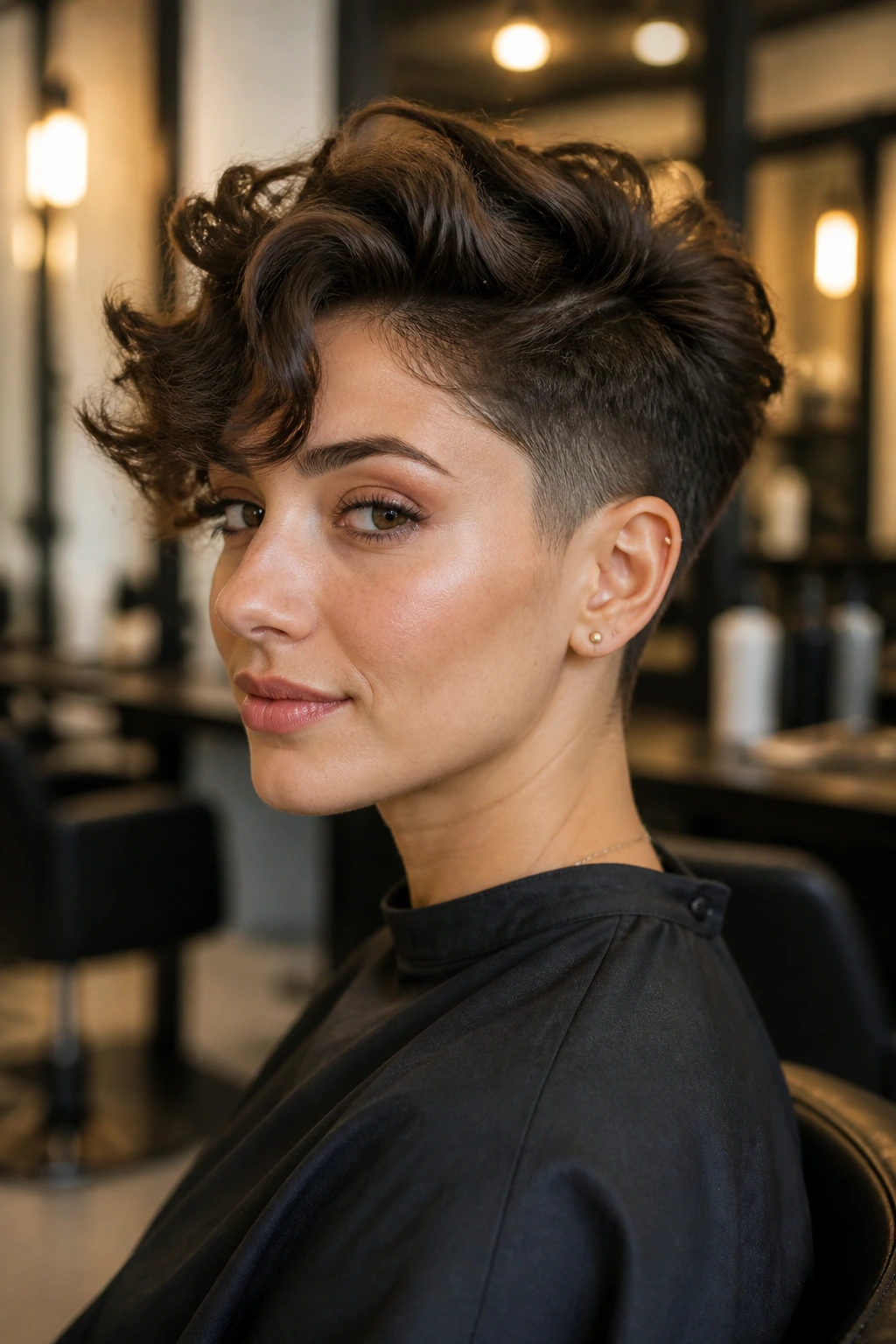 Medium close-up of real person with undercut pixie in a salon setting