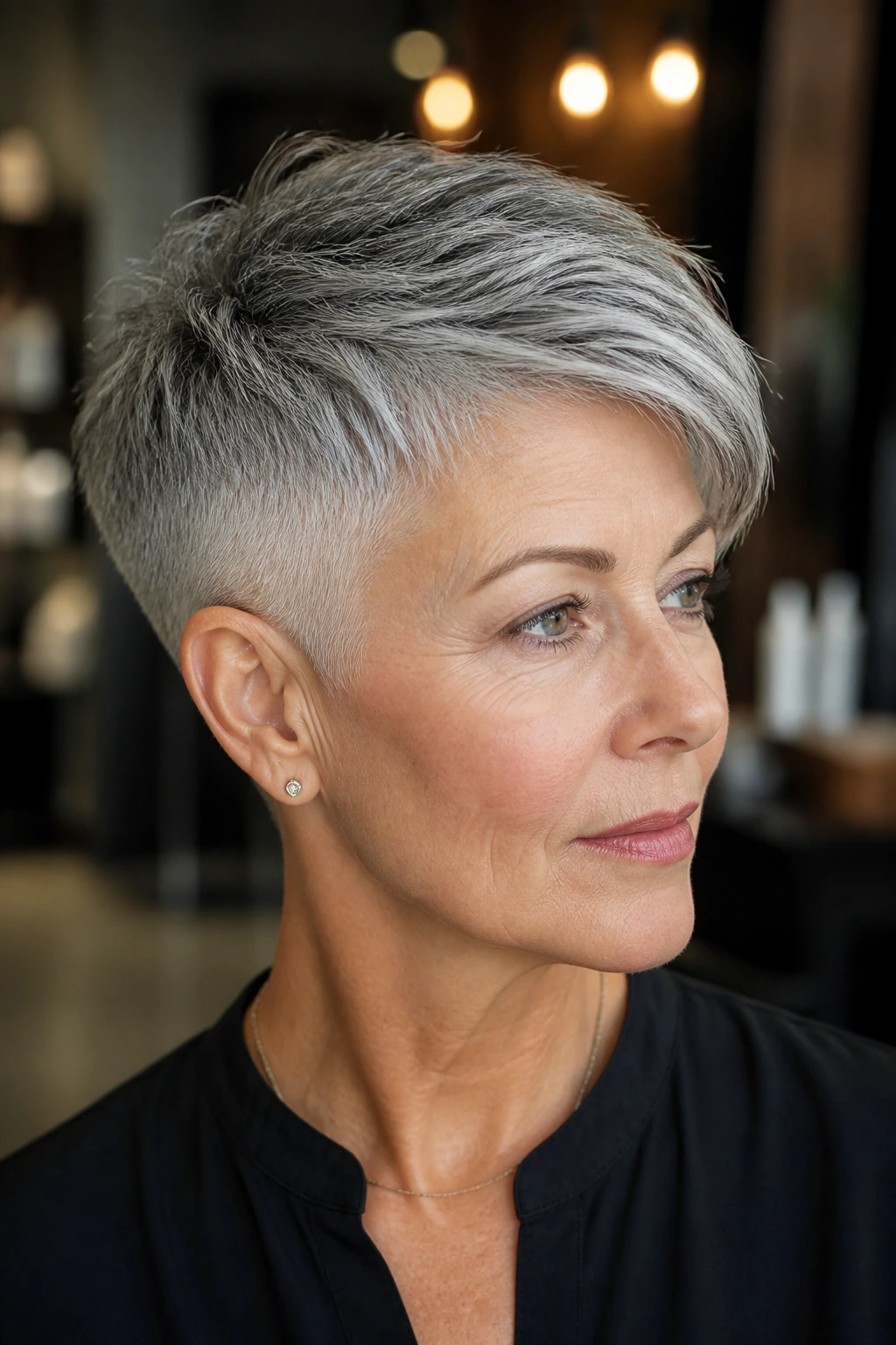 Close-up portrait of a real person with a salt-and-pepper undercut pixie