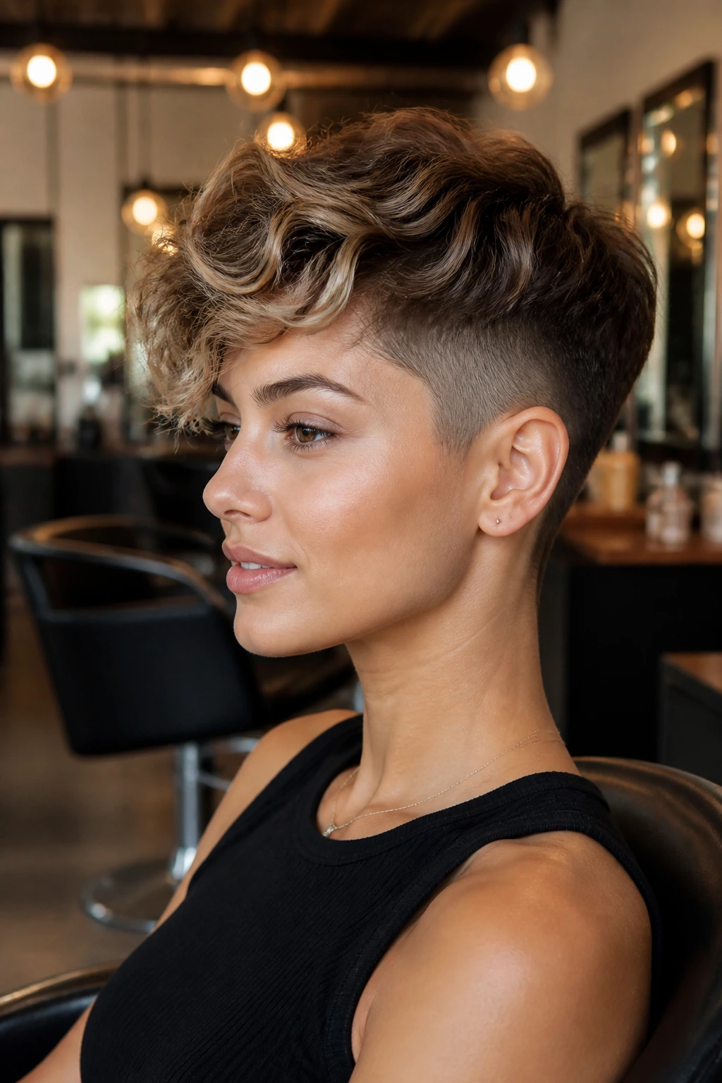 Real person with undercut pixie and sculpted sides in a salon setting