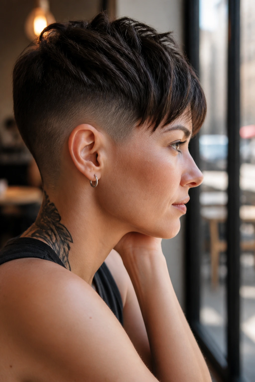 Close-up of a real woman with an undercut pixie showing shaved sides and longer top.