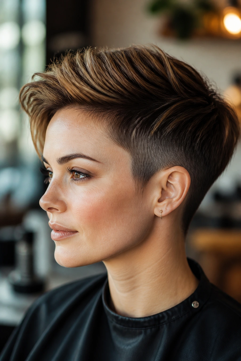 Close-up portrait of a real person with a soft undercut pixie and longer crown.