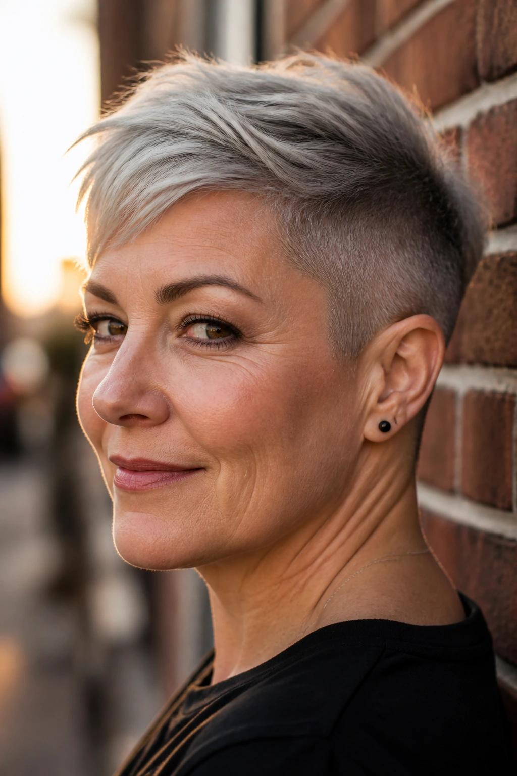 Portrait of a real woman with undercut pixie showing shaved sides for bold silhouette