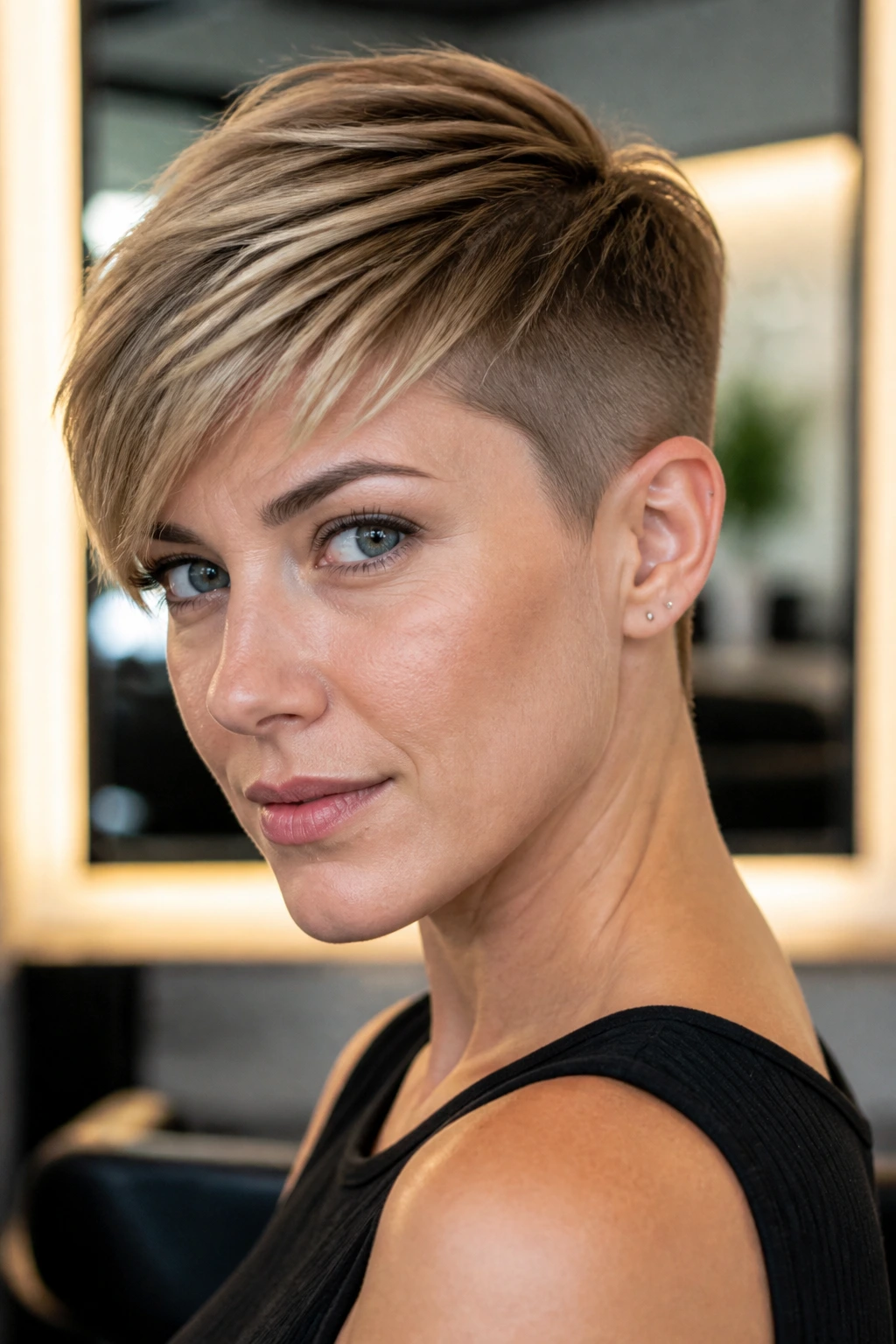 Close-up portrait of a real person with an undercut pixie showing short sides and longer top