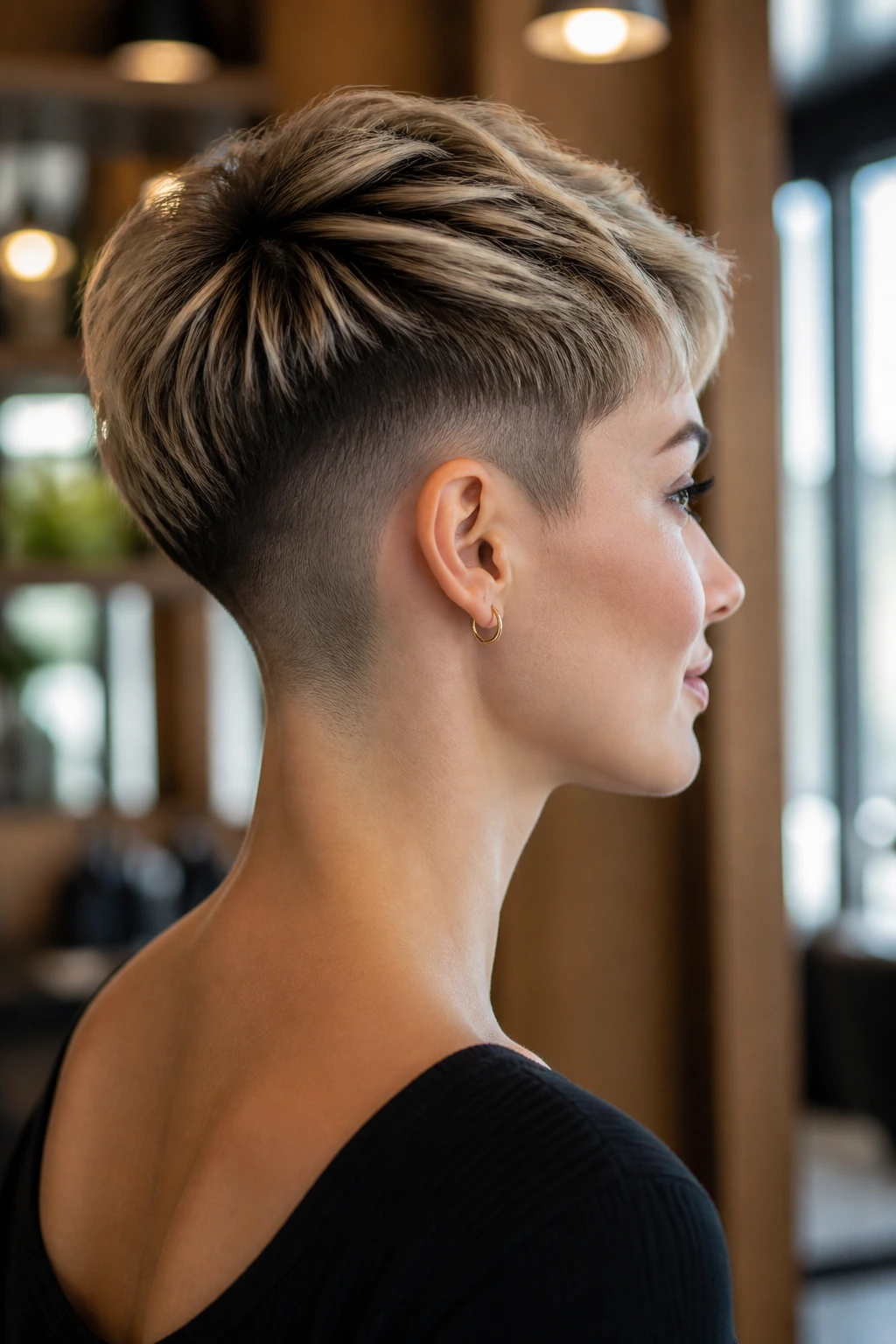Close-up portrait of a real person with an undercut pixie silhouette in a salon setting