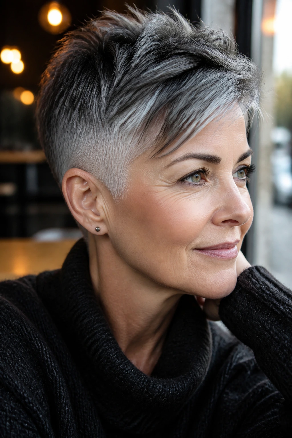 Close-up of a real woman's face with a soft undercut pixie and silver temple highlights