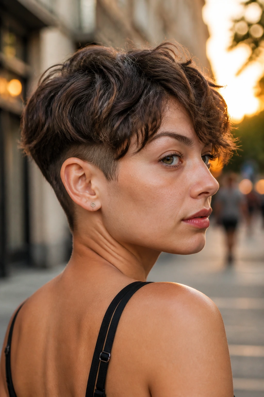 Close-up of a real woman with a soft undercut pixie
