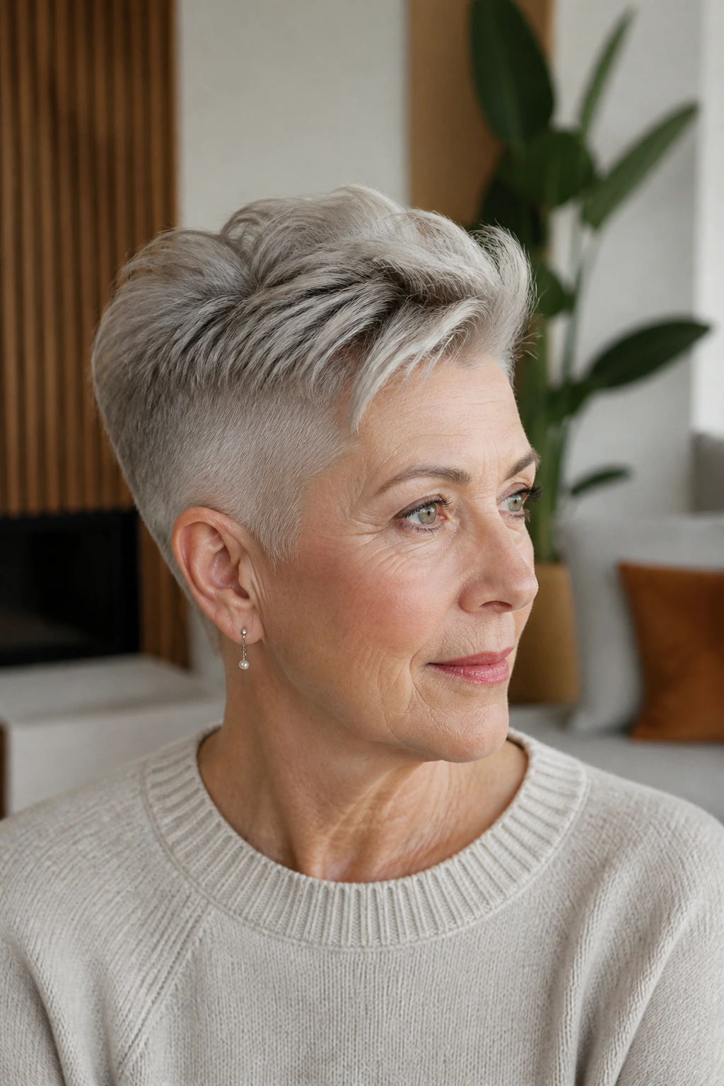 Portrait of an older woman with an undercut pixie and soft top