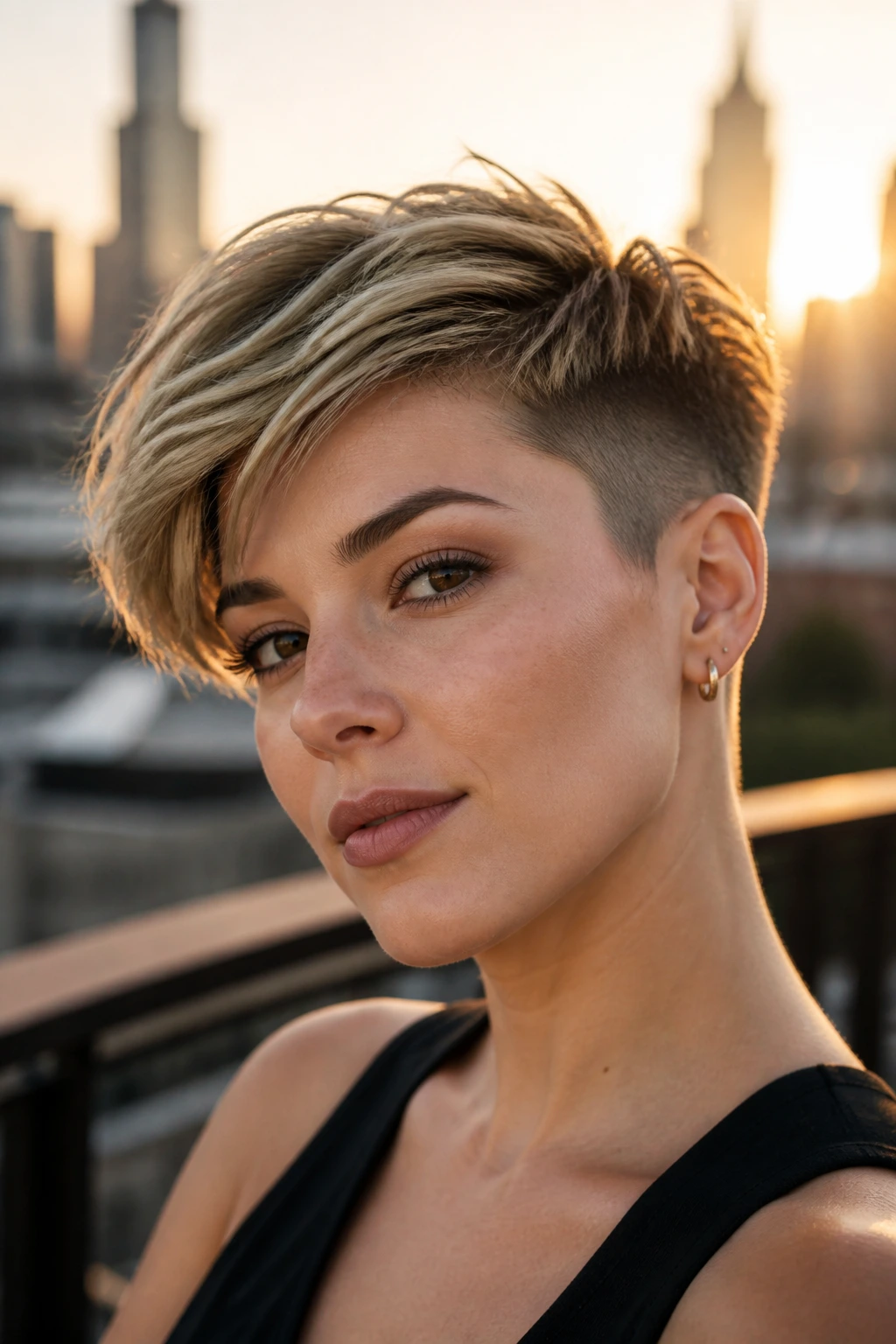 Portrait of a real person with an undercut pixie and a softly styled top