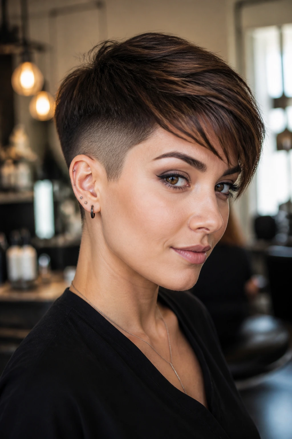 Close-up of a real woman with an undercut pixie showing shaved sides and longer crown