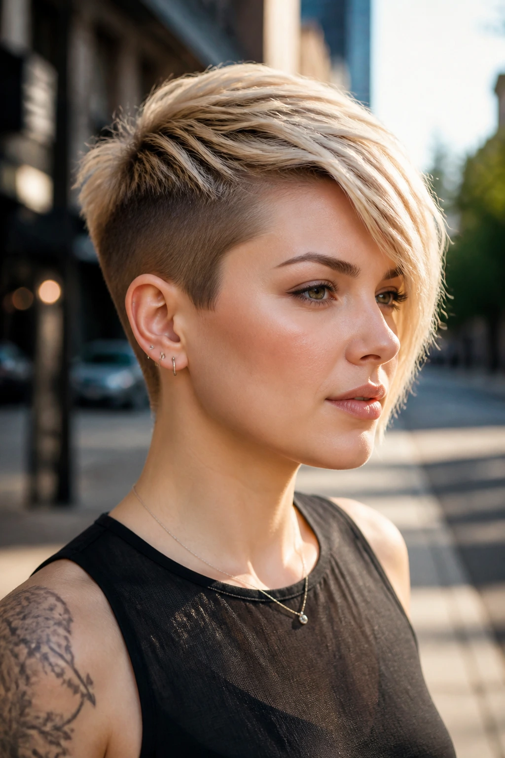 Close-up portrait of a woman with an undercut pixie and long front sweep outdoors in daylight