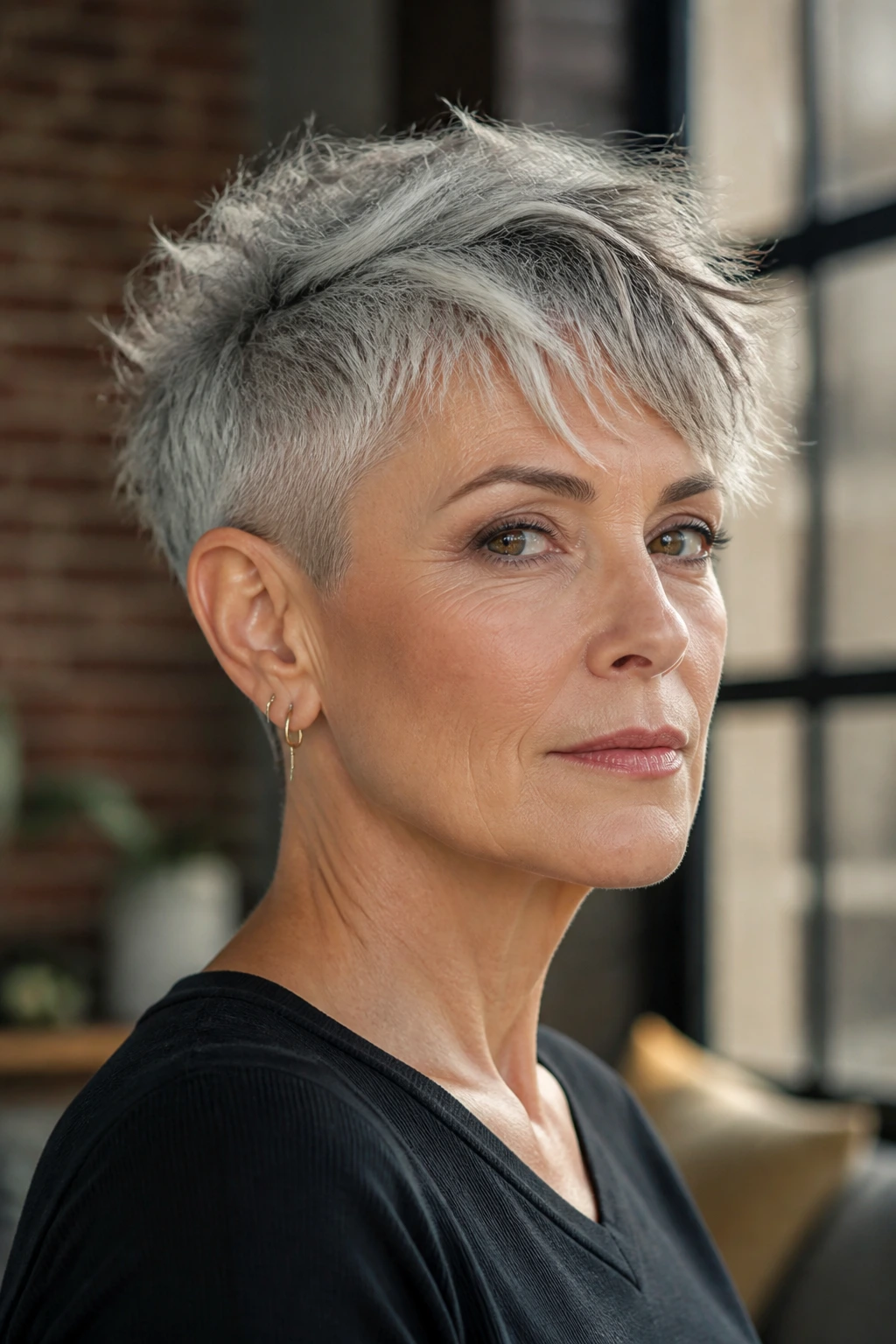 Real woman with textured undercut pixie portrait