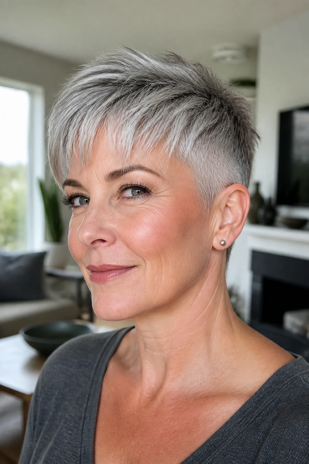 Close-up of a real woman with an undercut pixie for thick hair.