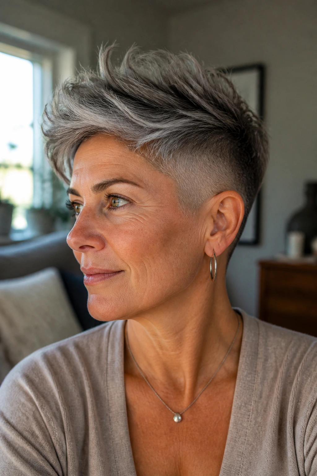 Close-up portrait of a real woman with an undercut pixie for thick hair, shaved sides and longer top