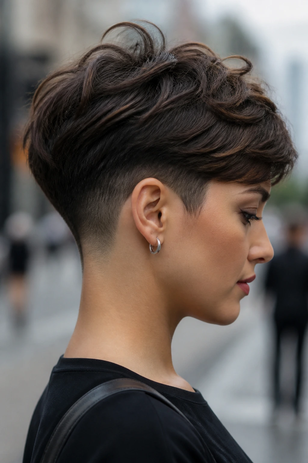 Portrait of a woman with an undercut pixie for thick hair showing nape undercut and top length.