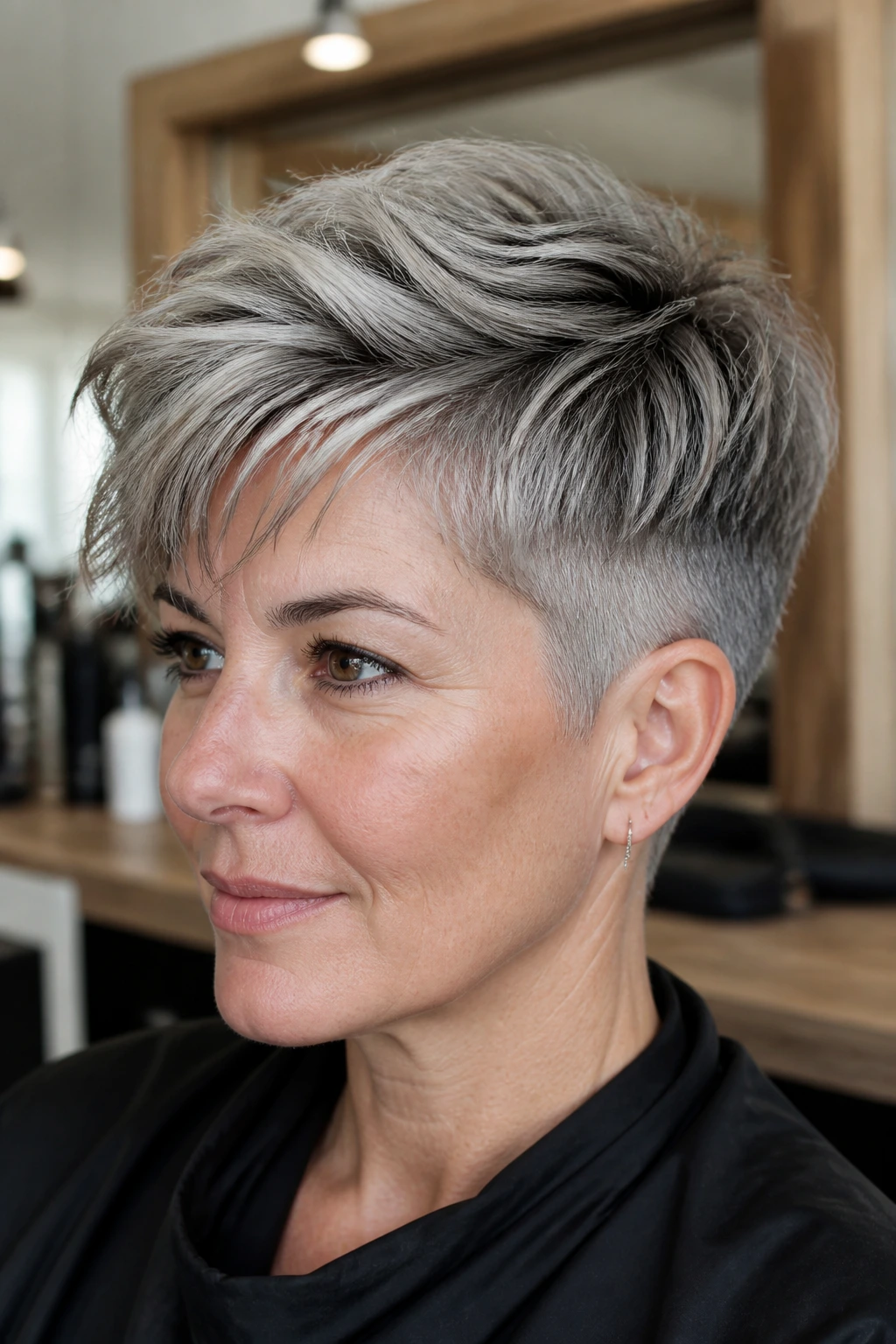Close-up portrait of a real woman with an undercut pixie for thick hair in a salon