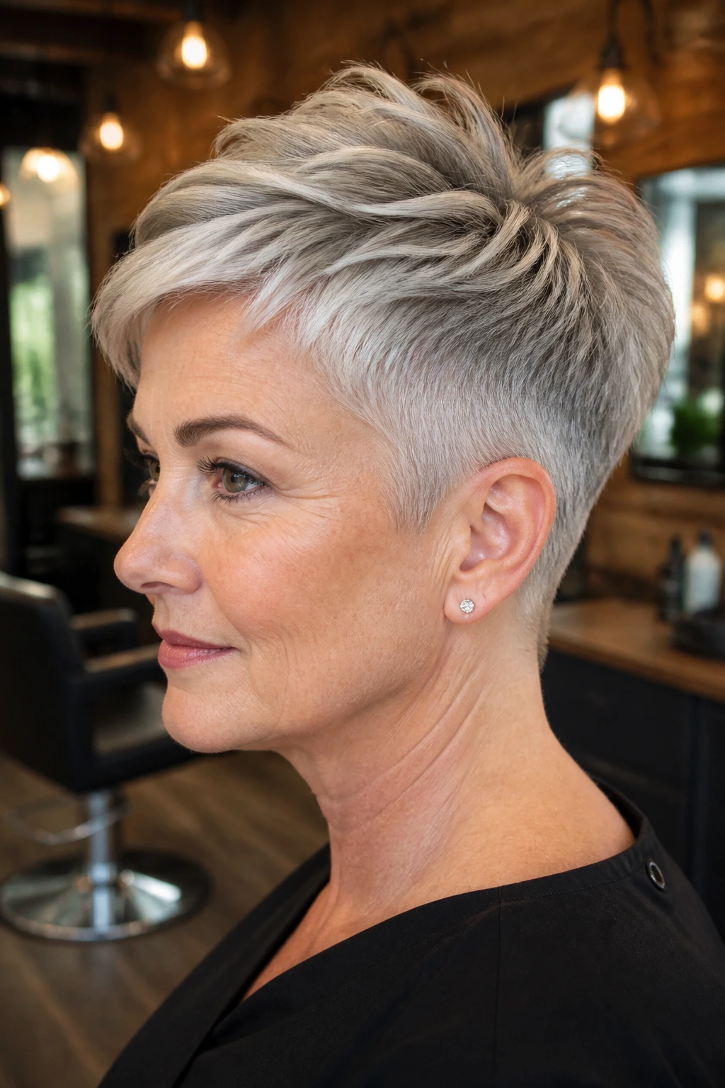 Close-up portrait of a real woman with an undercut pixie showing a shaved nape and longer top
